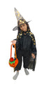 BookMyCostume Golden and Black Witch Cape with Hat - Witch Costume for Girls with Printed witch Pumkin Design and Pumpkin Basket Combo | Halloween Costume for Girls